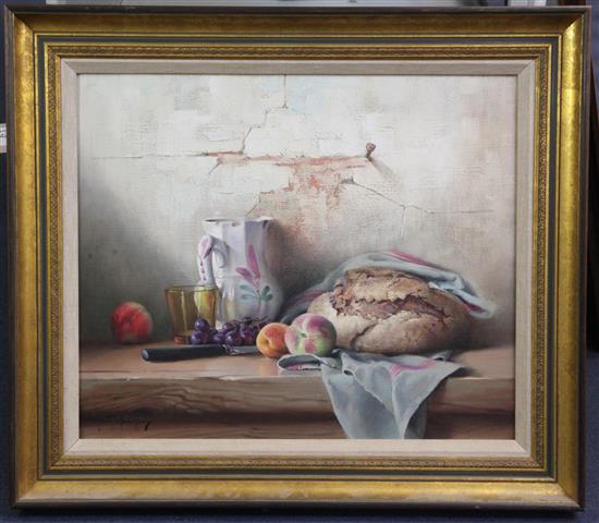 § Robert Chailloux (French 1913-2006) Still life of bread, fruit and a jug on a table 18 x 21in.